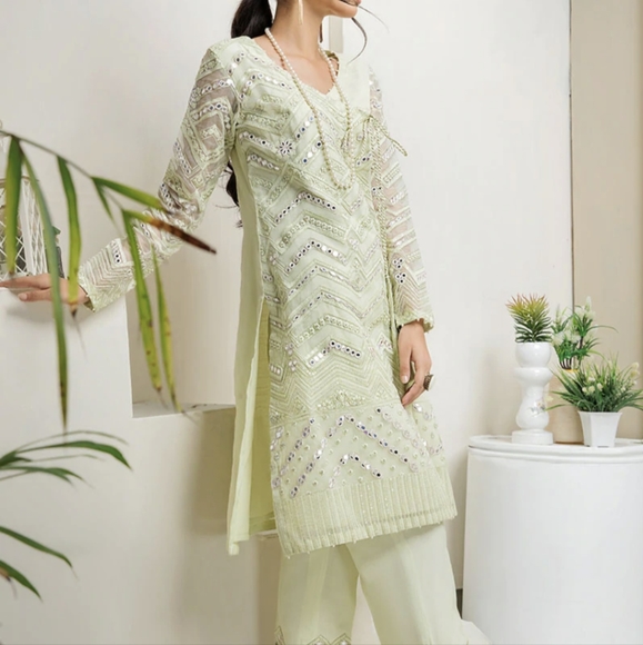 EMBROIDERED MIRROR WORK ANGRAKHA WITH MATCHING PANTS AND DUPATTA - Picture 2 of 7